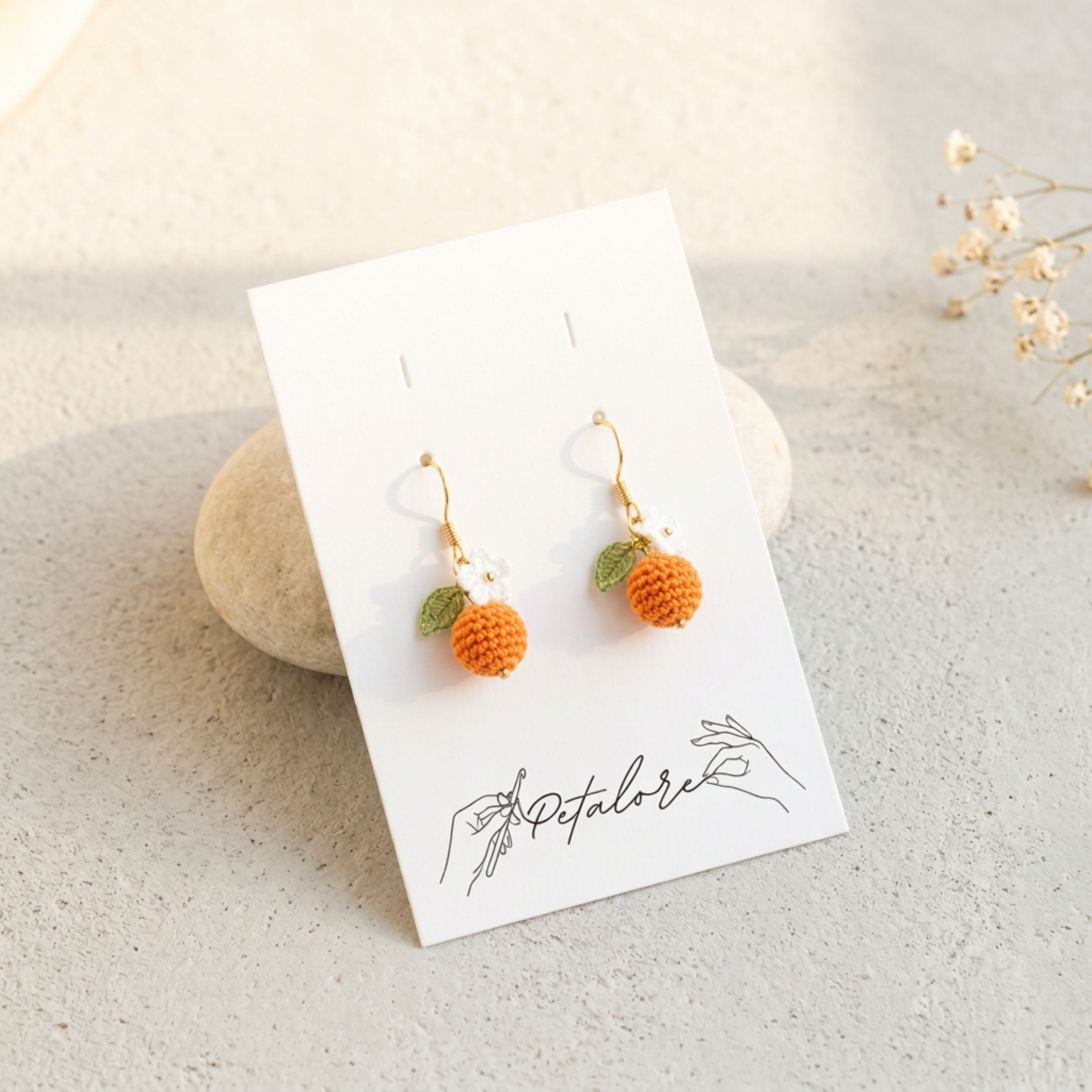 orange Micro Crochet Berry Earrings on Petalore display card