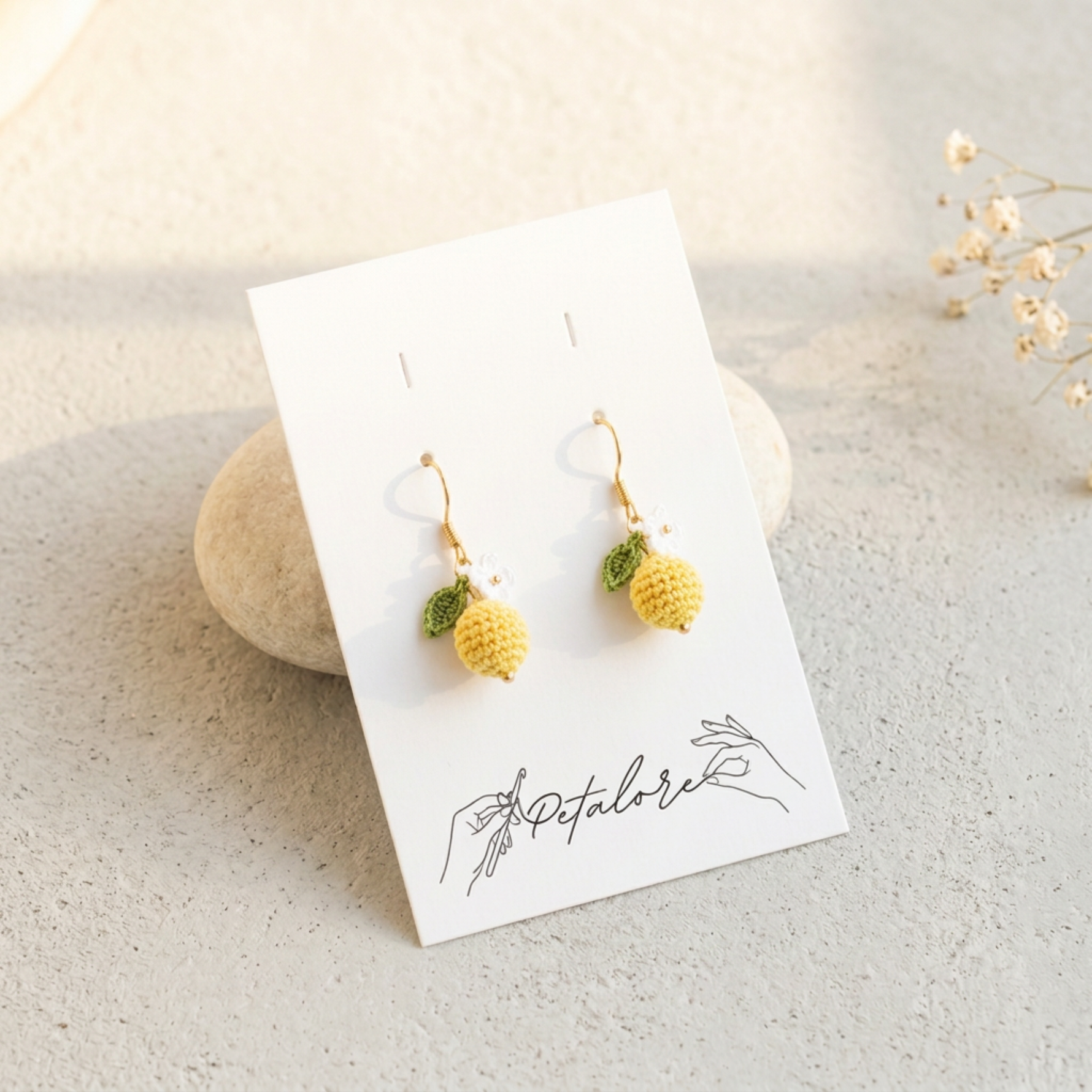 yellow Micro Crochet Berry Earrings on Petalore display card