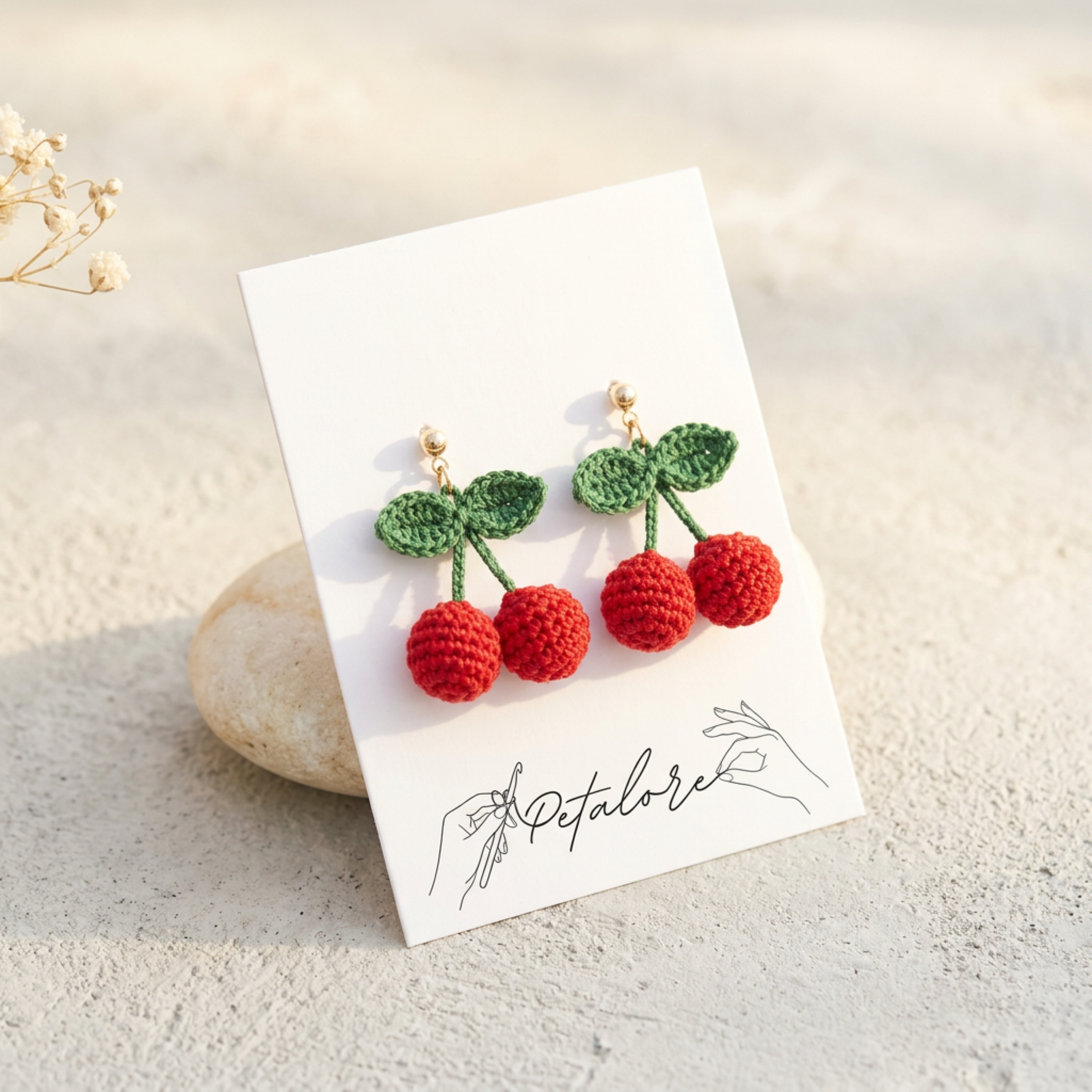 Micro Crochet Cherry Earrings on Petalore display card