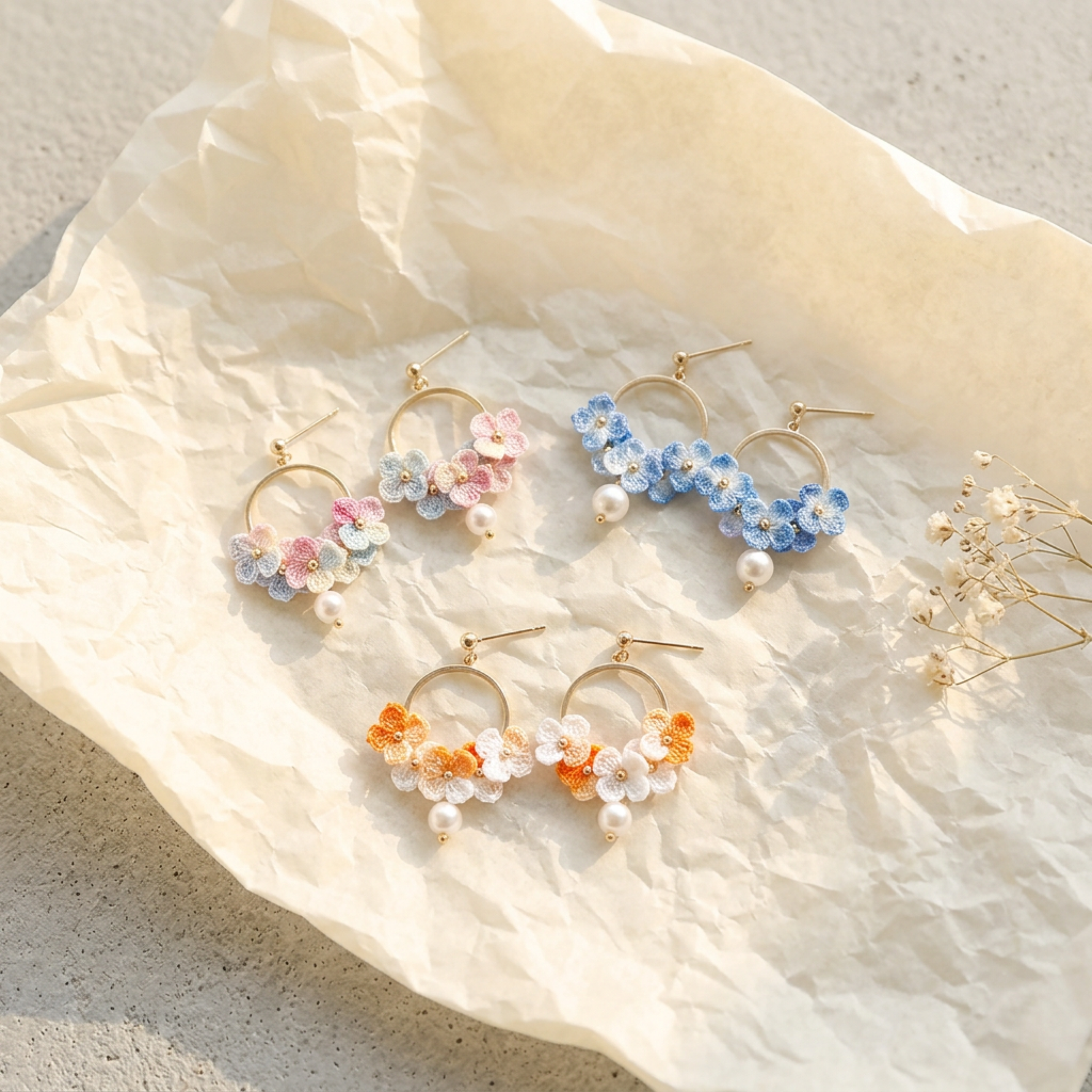 Micro Crochet Hydrangea Hoop Earrings - all color variants