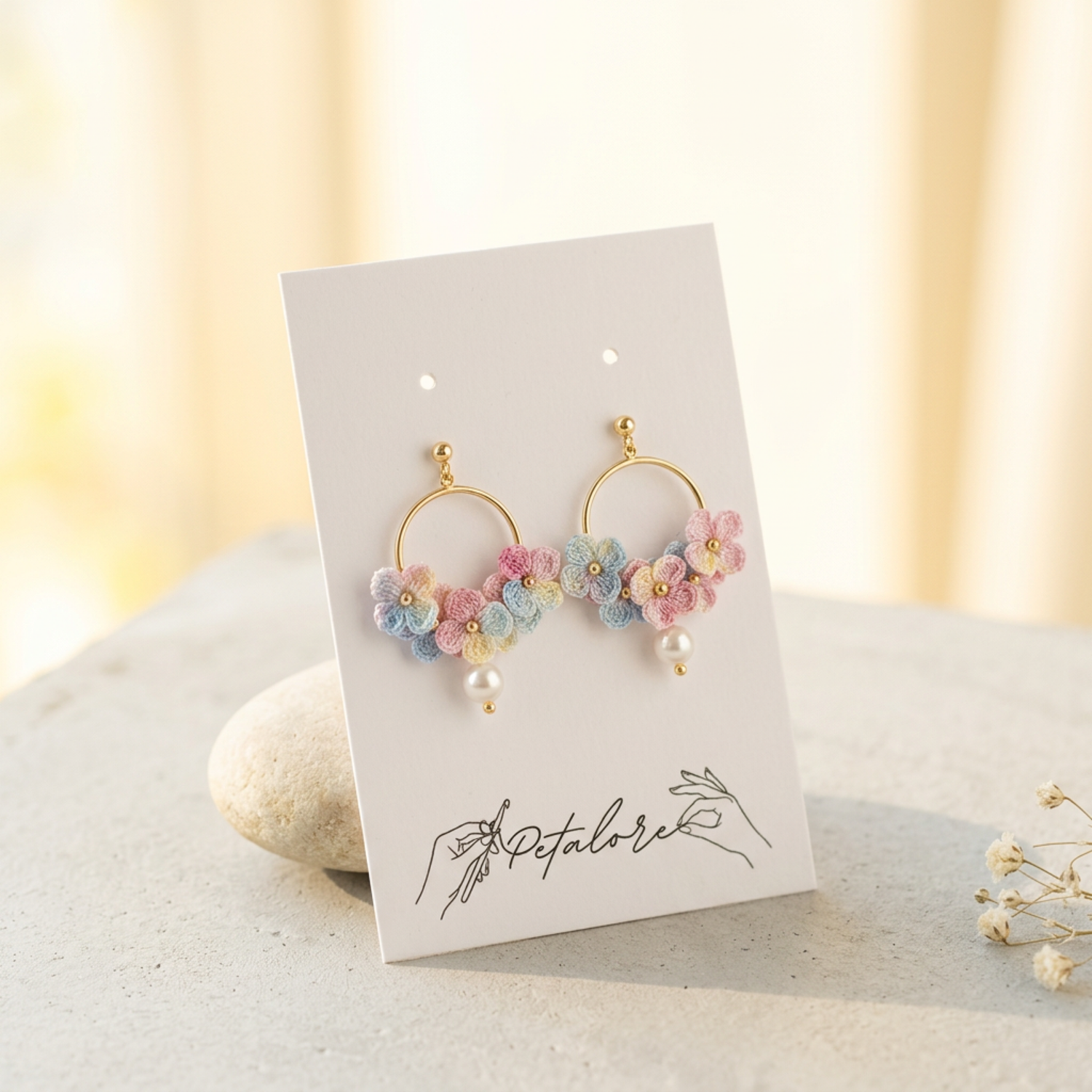 Micro Crochet Hydrangea Hoop Earrings on Petalore display card