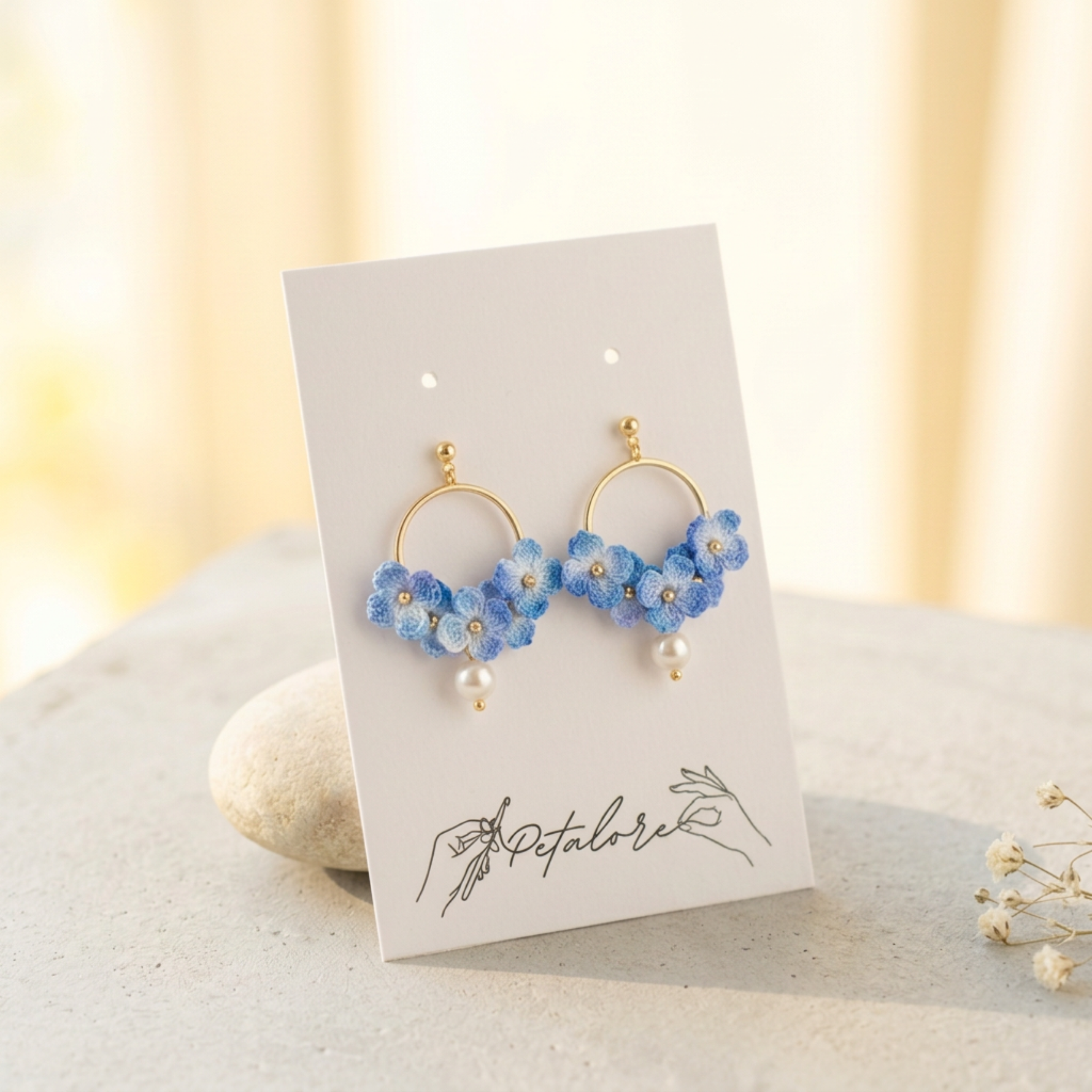 blue Micro Crochet Hydrangea Hoop Earrings on Petalore display card