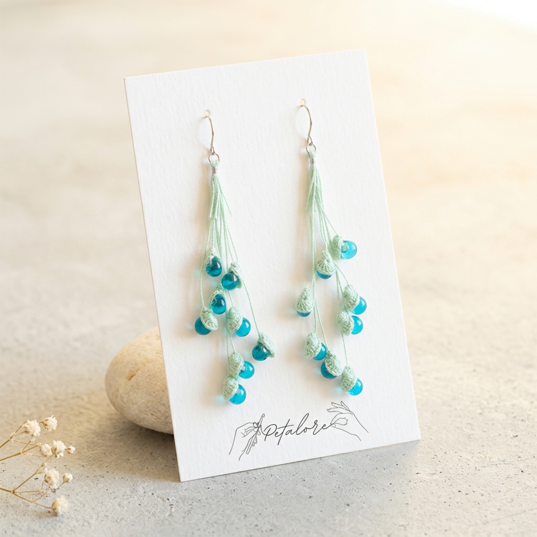 Micro Crochet Lily of the Valley Earrings on Petalore display card