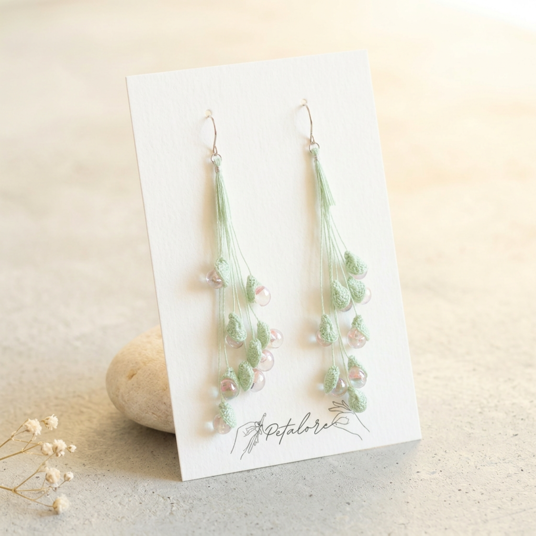 pink Micro Crochet Lily of the Valley Earrings on Petalore display card