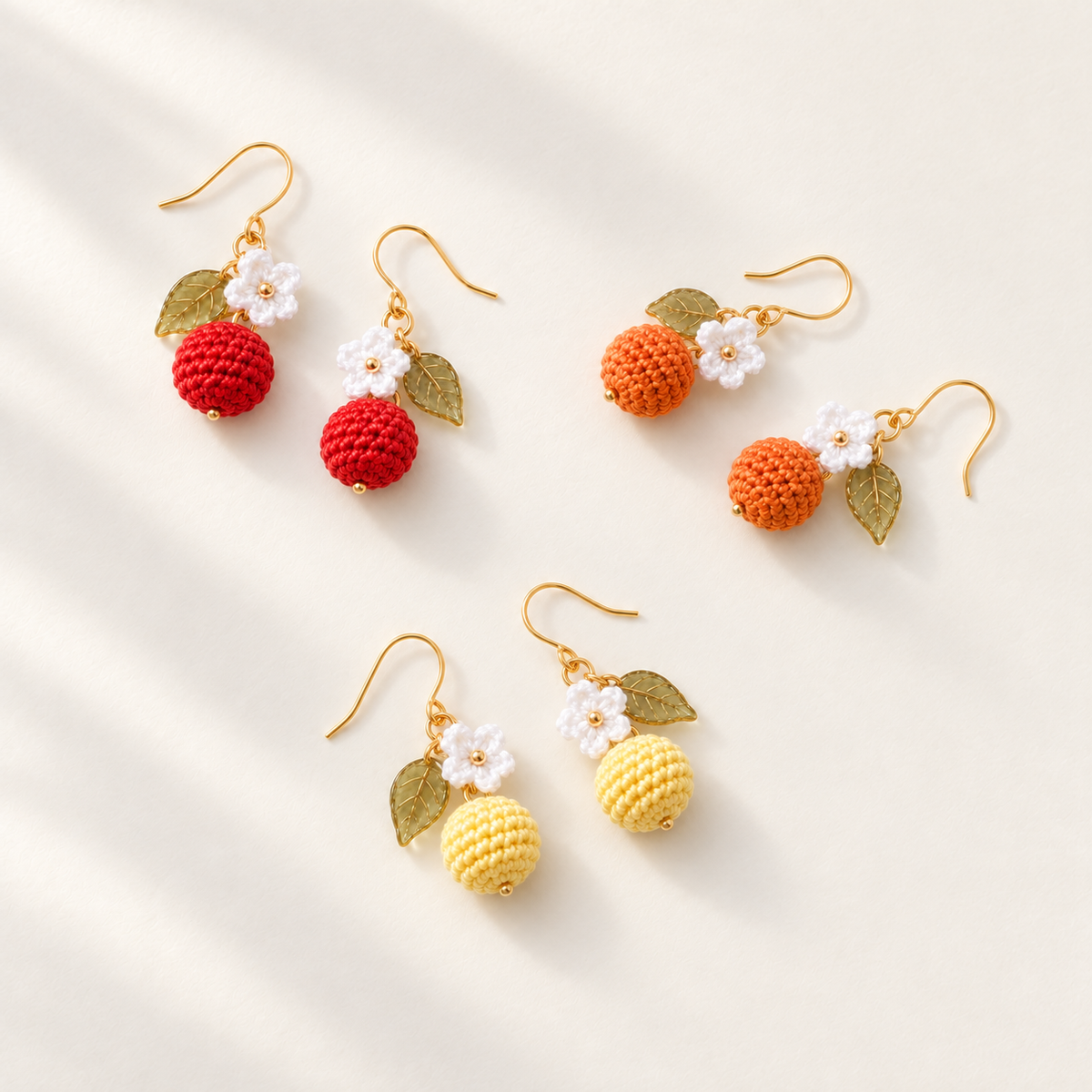 Petalore micro crochet berry earrings — red, orange and lemon yellow color options