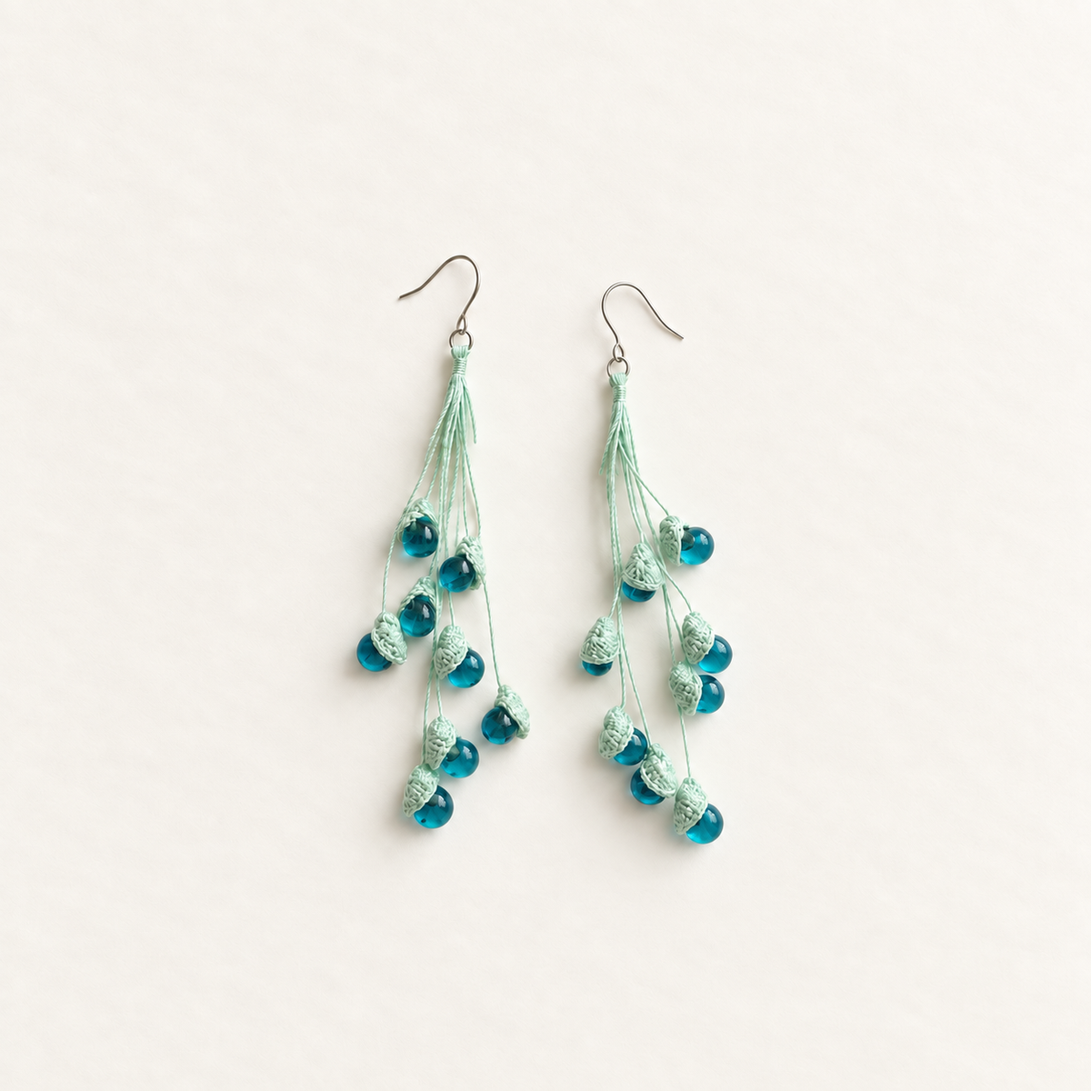 Petalore Blue lily of the valley micro crochet earrings — crochet detail view 