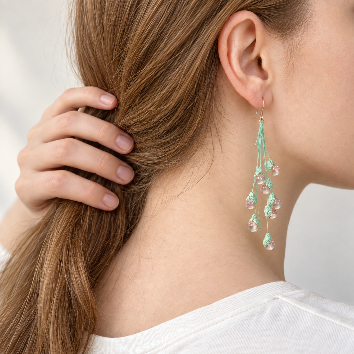 Petalore Pink lily of the valley micro crochet earrings — rear wearing view 