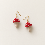 Petalore red mushroom micro crochet earrings — crochet detail view