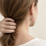 Micro crochet peach earrings — rear wearing view