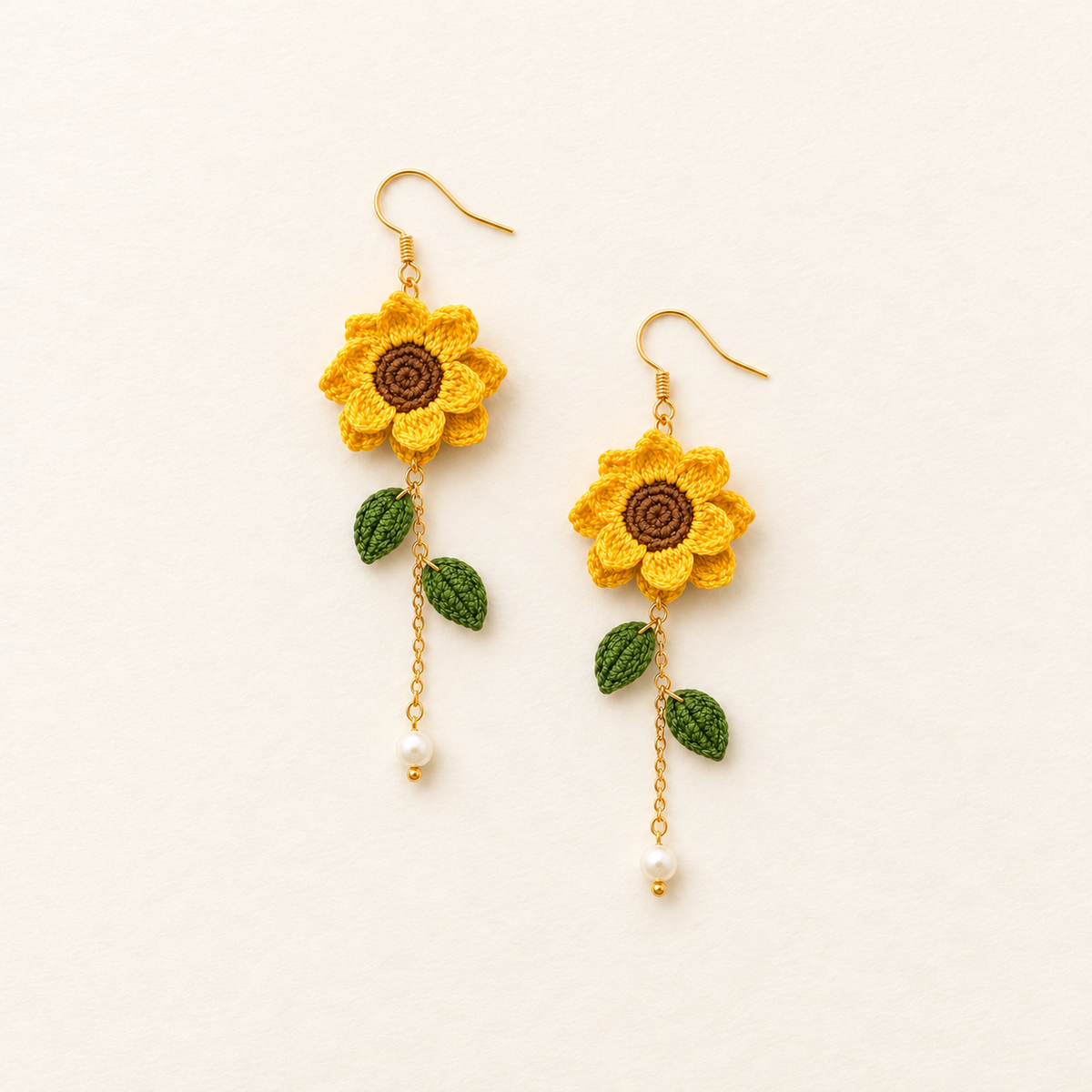 Petalore golden yellow micro crochet sunflower earrings — crochet and chain detail