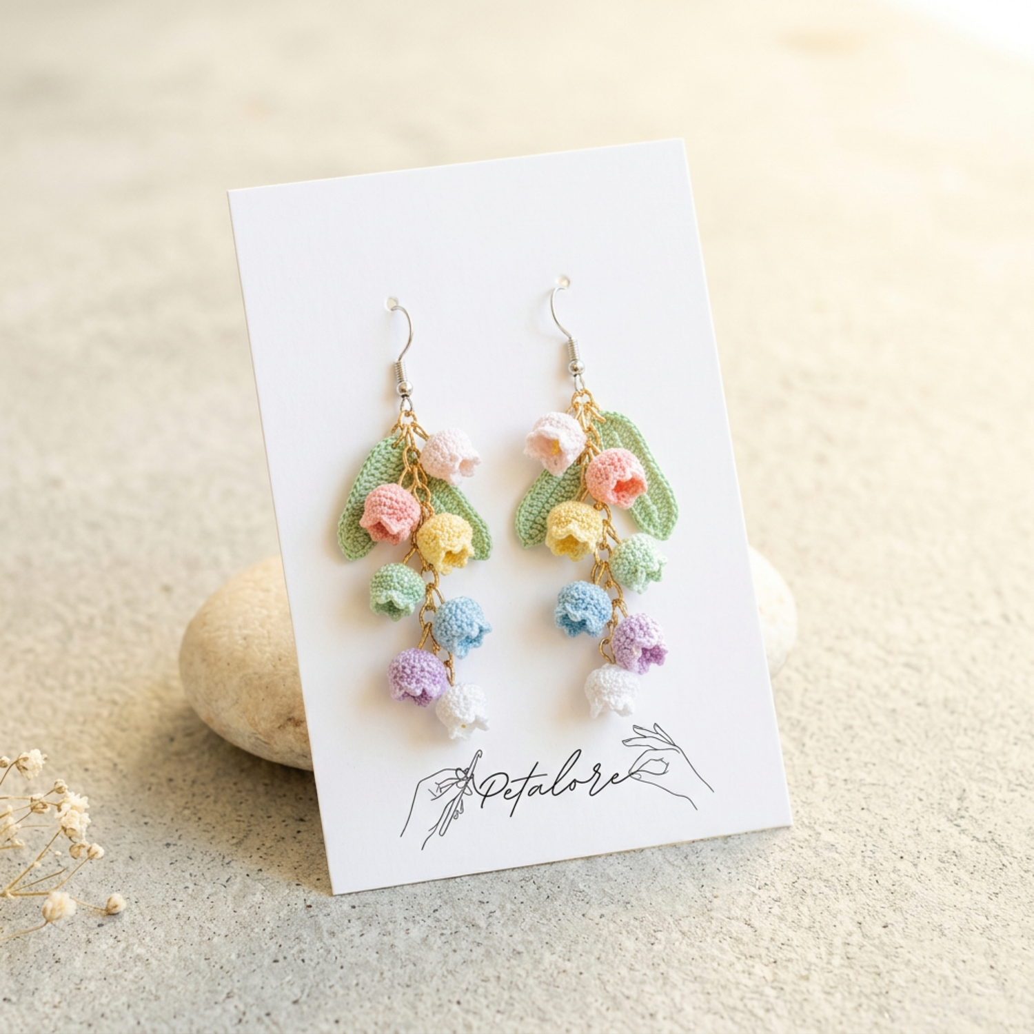 Micro Crochet Rainbow Bell Flower Earrings on Petalore display card