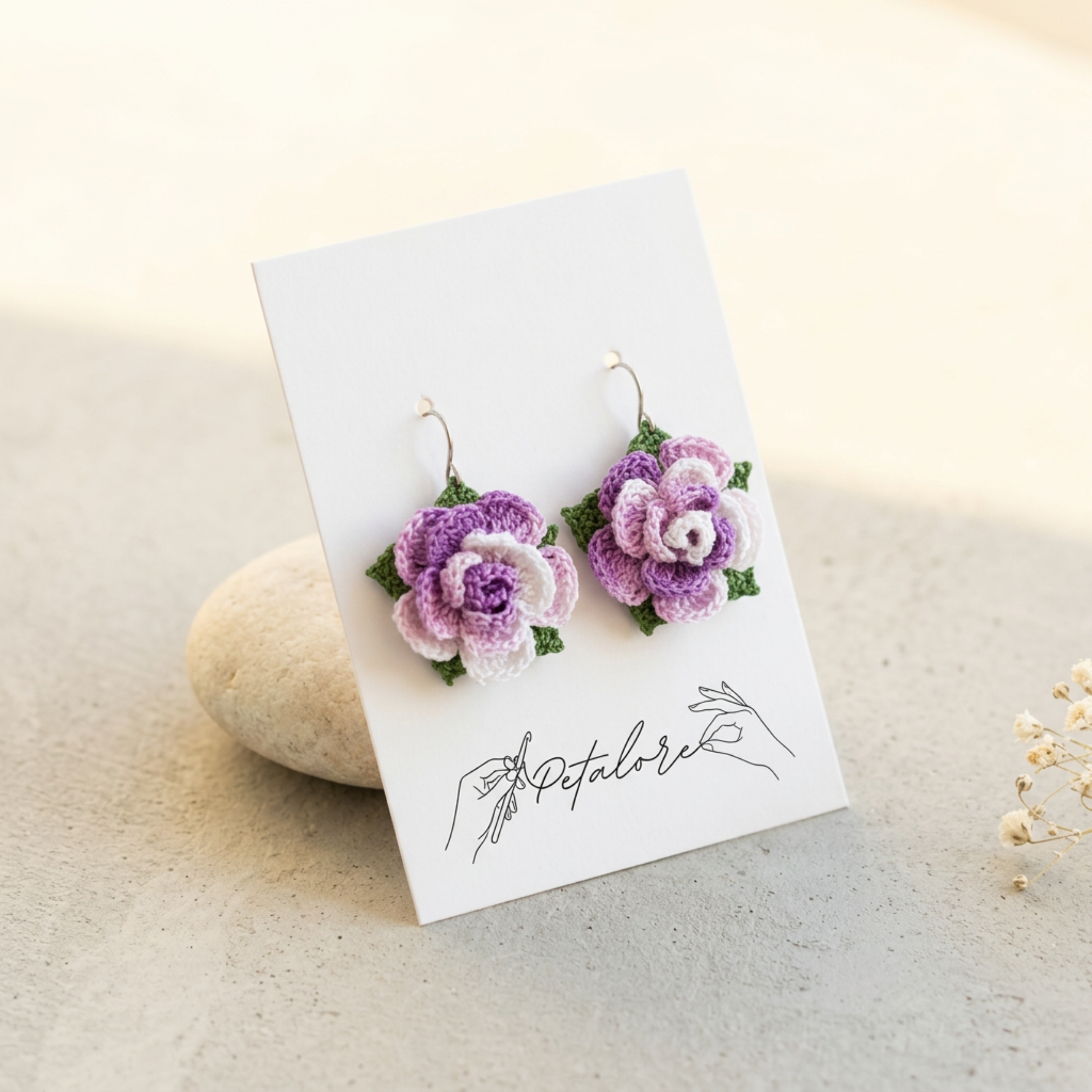 Micro Crochet Rose Stud Earrings on Petalore display card