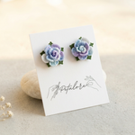 blue Micro Crochet Rose Stud Earrings on Petalore display card