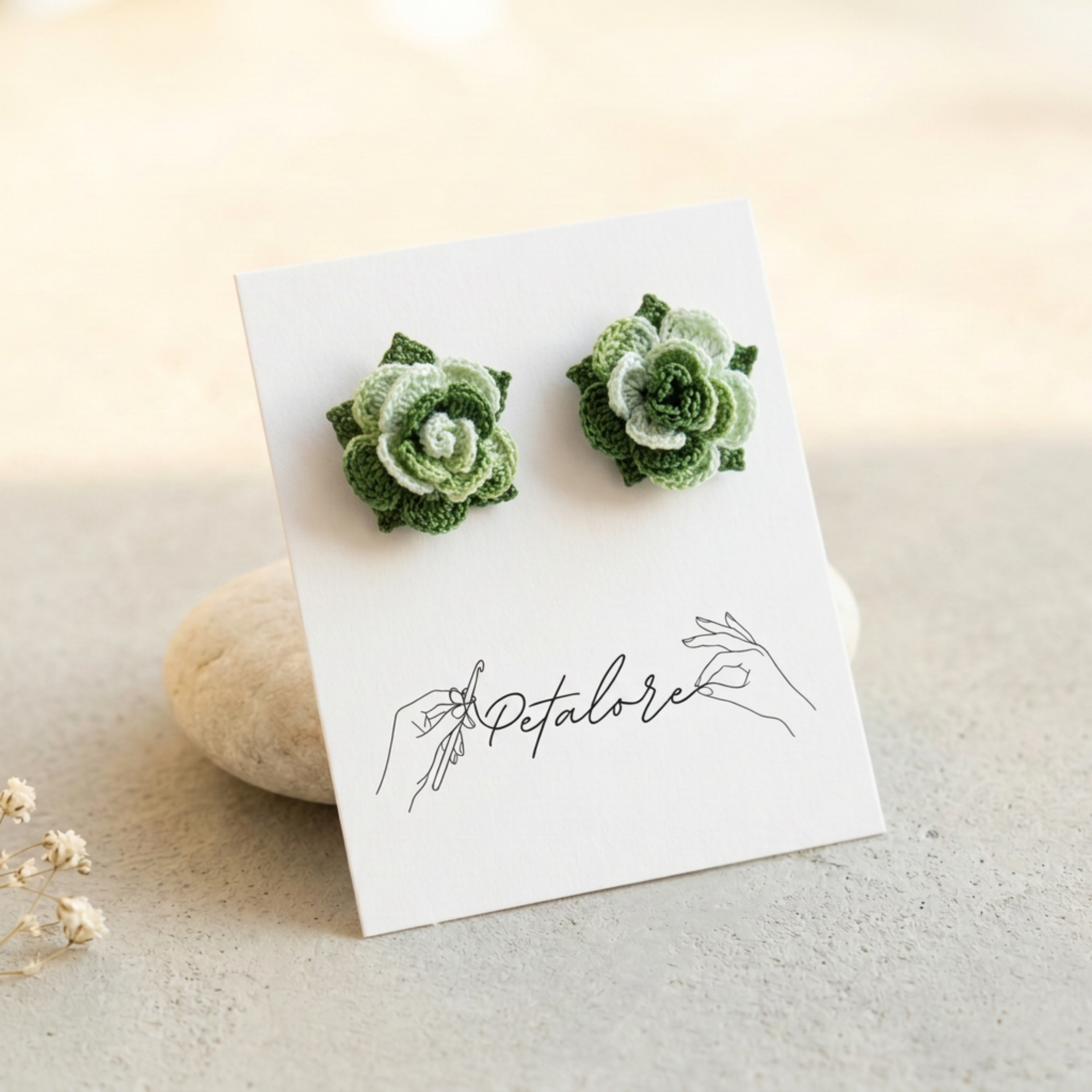 green Micro Crochet Rose Stud Earrings on Petalore display card