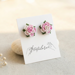 pink Micro Crochet Rose Stud Earrings on Petalore display card