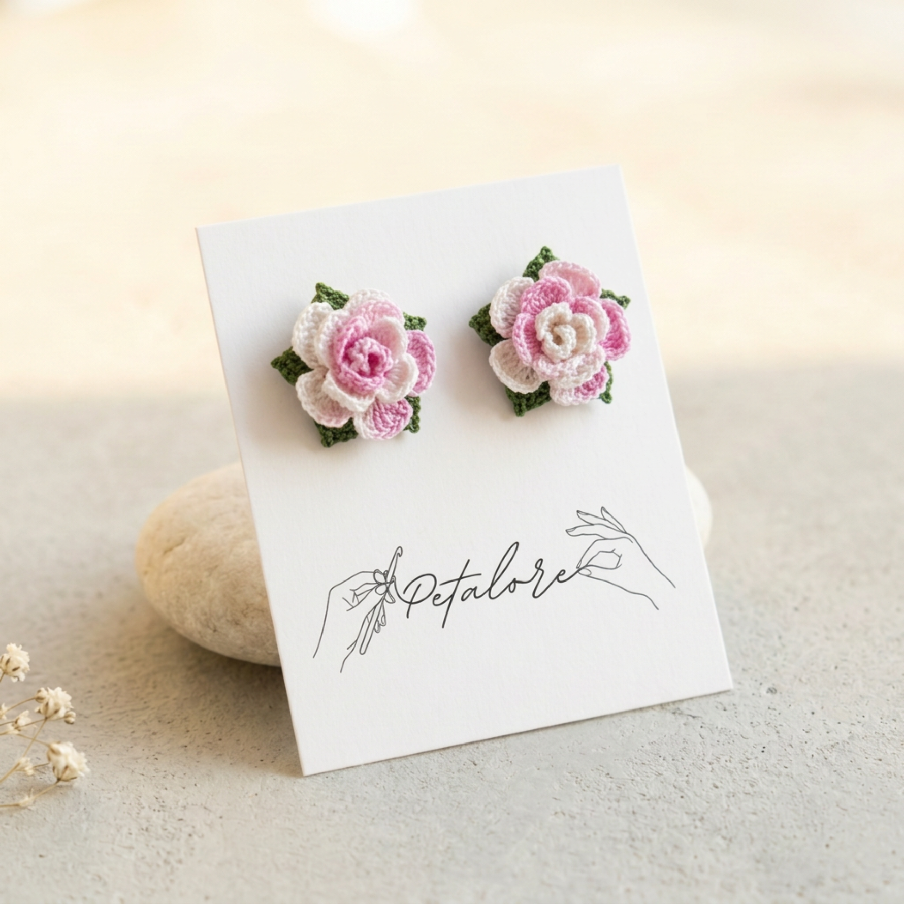pink Micro Crochet Rose Stud Earrings on Petalore display card
