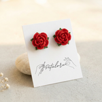 red Micro Crochet Rose Stud Earrings on Petalore display card