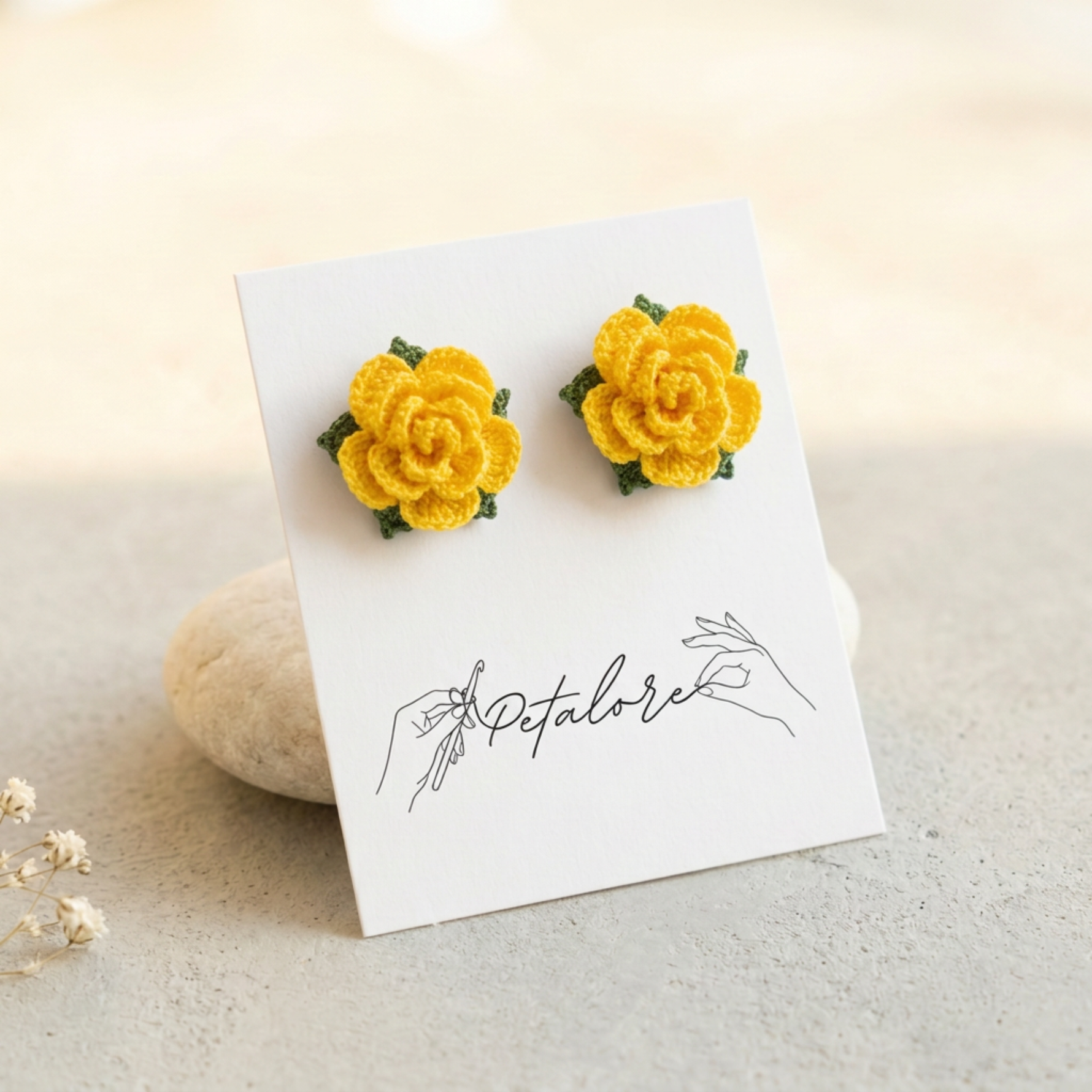yellow Micro Crochet Rose Stud Earrings on Petalore display card