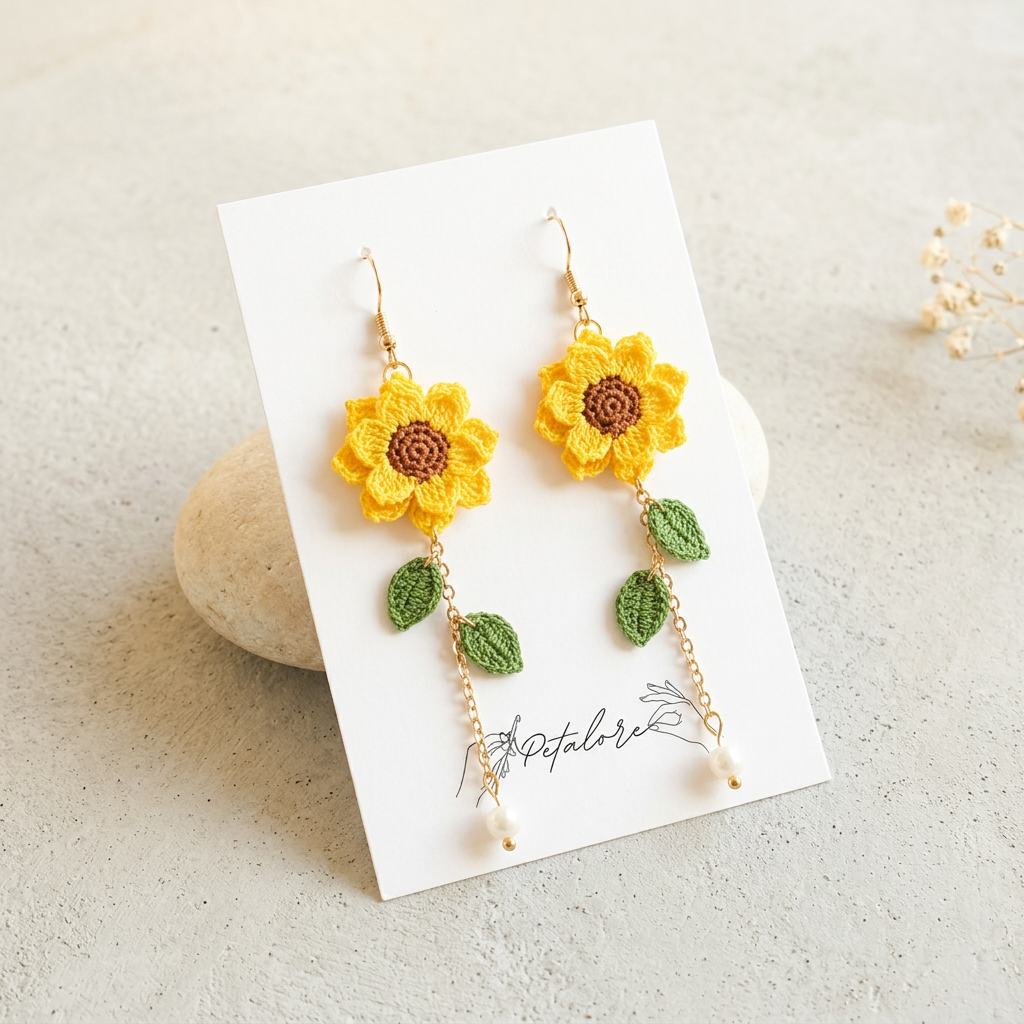 Golden yellow micro crochet sunflower earrings on Petalore display card