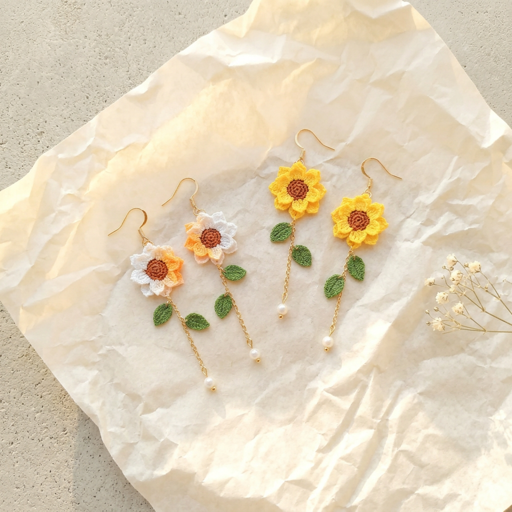 Micro crochet sunflower earrings in golden yellow and cream white
