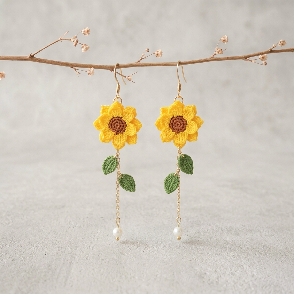 Golden yellow micro crochet sunflower earrings hanging from a branch