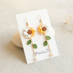 Cream white micro crochet sunflower dangle earrings on Petalore display card